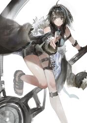 1girl arknights bare_shoulders bird_girl black_coat black_eyes black_gloves black_hair black_sandals black_shorts breasts closed_mouth coat feather_hair fingerless_gloves fur-trimmed_coat fur_trim gloves highres holding holding_scythe infection_monitor_(arknights) la_pluma_(arknights) lunifish medium_breasts platform_sandals sandals scythe short_hair short_shorts shorts simple_background single_bare_arm solo strap thigh_strap thighs weapon
