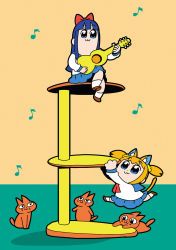 10s animal_ears bkub blonde_hair blue_hair bow cat cat_ears cat_tail cat_tower guitar hair_bow highres instrument long_hair musical_note non-web_source pipimi poptepipic popuko quaver school_uniform serafuku tail two_side_up