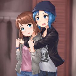 2girls beanie black_jacket blue_eyes blue_hair blurry blurry_background chloe_price grey_jacket hat highres hug hug_from_behind jacket life_is_strange_(series) life_is_strange_1 max_caulfield mohya multiple_girls open_mouth wristband yuri