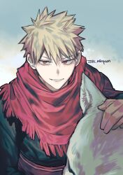 Rule 34 | 1boy, absurdres, bakugou katsuki, blonde hair, boku no hero academia, grin, highres, long sleeves, looking at viewer, male focus, misa (jjin miryeon), petting, red eyes, red scarf, scarf, short hair, simple background, smile, solo, spiked hair, upper body, wolf
