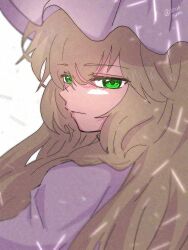 Rule 34 | 1girl, absurdres, amai yume, amulet, blonde hair, cropped shoulders, expressionless, frilled hat, frills, from side, green eyes, hat, highres, long hair, looking at viewer, mahou shoujo madoka magica, mahou shoujo oriko magica, mikuni oriko, portrait, solo, white background