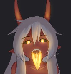 1girl absurdres black_background black_sclera collarbone colored_sclera colored_skin demon_girl demon_horns female_focus glowing glowing_eyes glowing_tongue hair_between_eyes highres horns li_(rob_ishi) long_hair long_tongue looking_at_viewer nude open_mouth oral_invitation orange_eyes original pointy_ears portrait red_skin rob_ishi saliva solo teeth tongue watermark white_hair
