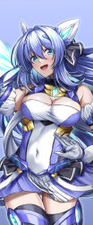 1girl :d aqua_eyes armlet bare_shoulders blue_background blue_gemstone blue_hair blue_skirt breasts cleavage covered_navel cowboy_shot elbow_gloves exs-tia gem gloves gluteal_fold hair_intakes headgear highres jewelry katsuragi_marina kouyoku_senki_exs-tia kozu_rokuta large_breasts layered_skirt long_hair lusterise magical_girl open_mouth pleated_skirt simple_background skirt smile solo straight_hair thighhighs white_gloves white_thighhighs wings zettai_ryouiki