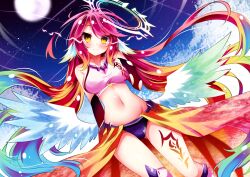 1girl absurdres angel angel_wings arm_behind_back asymmetrical_legwear bare_shoulders bikini bikini_bottom_only blue_sky blush breasts bridal_gauntlets closed_mouth commentary crop_top feathered_wings full_moon glowing glowing_eyes gradient_hair groin hair_between_eyes halo hand_on_own_chest highres jibril_(no_game_no_life) large_breasts leg_tattoo long_hair long_skirt looking_at_viewer low_wings magic_circle midriff mismatched_legwear moon multicolored_hair navel no_game_no_life pink_hair pink_shirt pink_socks pink_thighhighs purple_bikini rainbow_hair shirt showgirl_skirt sideboob sidelocks single_bridal_gauntlet single_thighhigh skirt sky sleeveless sleeveless_shirt smile socks solo spiked_halo swept_bangs swimsuit tattoo thighhighs very_long_hair white_wings wing_ears wings yellow_eyes yellow_skirt yoimachiyomi