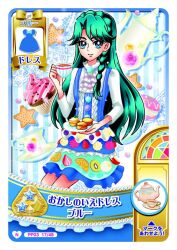 1girl aqua_hair artist_request ascot blue_background blue_dress blue_eyes border braid buttons card_(medium) center_frills closed_mouth collared_shirt commentary_request cowboy_shot crown_braid cup cupcake dress eyelashes food food-themed_clothes food_print frilled_dress frilled_shirt_collar frills fruit_print go!_princess_precure green_brooch happy holding holding_cup holding_plate invisible_chair kaidou_minami light_blush light_particles long_hair long_sleeves looking_at_viewer macaron official_alternate_costume official_art outline parted_bangs pinafore_dress plate pointy_nose precure saucer second-party_source shirt short_dress single_braid sitting sleeveless sleeveless_dress smile solo sparkle star_(symbol) striped_background striped_clothes striped_dress tareme tea teacup teapot translation_request vertical-striped_background vertical-striped_clothes vertical-striped_dress very_long_hair white_ascot white_border white_outline white_shirt