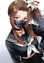 Rule 34 | 1girl, absurdres, aerith gainsborough, black choker, breasts, brown hair, choker, collarbone, commentary, eyelashes, final fantasy, final fantasy vii, final fantasy vii ever crisis, flower, gradient background, green eyes, grey background, hair flower, hair ornament, hair ribbon, hand on own hip, highres, long hair, long sleeves, looking at viewer, mask, mouth mask, parted bangs, ponytail, ribbon, sailor collar, sawwei005, school uniform, shirt, sidelocks, solo, upper body, white background, white flower
