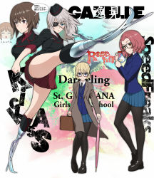 Rule 34 | 10s, 4girls, adapted costume, amputee, bespectacled, black-framed eyewear, black footwear, black hat, black jacket, black legwear, black necktie, blazer, blue eyes, blue jacket, blue skirt, blue sweater, briefcase, brown eyes, brown hair, character name, closed mouth, closed umbrella, coat, commentary request, cross, darjeeling (girls und panzer), dress shirt, emblem, eyepatch, formal clothes, garrison cap, girls und panzer, glasses, hat, highres, holding, holding umbrella, iron cross, itsumi erika, jacket, kicking, kingsman: the secret service, kuromorimine military uniform, loafers, long sleeves, military, military hat, military uniform, miniskirt, multiple girls, necktie, nishizumi maho, nishizumi miho, overcoat, pantyhose, parody, parted lips, pink umbrella, planted, planted umbrella, pleated skirt, prosthesis, red hair, red shirt, red skirt, rosehip (girls und panzer), school uniform, shirt, shoes, short hair, silver hair, skirt, sleeves rolled up, smile, st. gloriana&#039;s (emblem), st. gloriana&#039;s school uniform, suit, sweater, trench coat, umbrella, v-neck, wata do chinkuru, white shirt