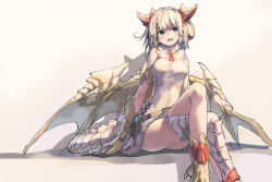 Rule 34 | 1girl, bare shoulders, blonde hair, blue eyes, blush, breasts, dragon girl, dragon horns, dragon wings, female focus, hair ribbon, horns, huanxiang huifeng, medium breasts, myr (p&amp;d), open mouth, puzzle &amp; dragons, ribbon, short hair, sitting, smile, solo, wings