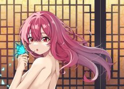 1girl :o breasts bug butterfly character_request hair_between_eyes highres insect long_hair looking_at_viewer multicolored_hair nude open_mouth pink_hair ray_(rays_26) red_eyes red_hair sdorica small_breasts solo topless_female