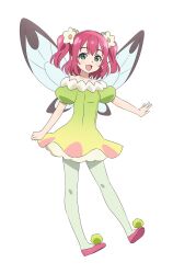 Rule 34 | 1girl, :d, aqua eyes, bare shoulders, collarbone, dress, fairy, fairy wings, flats, flower, full body, genjitsu no yohane, green dress, green pantyhose, hair flower, hair ornament, highres, kurosawa ruby, looking at viewer, love live!, love live! sunshine!!, medium hair, off-shoulder dress, off shoulder, official art, open mouth, outstretched arm, pantyhose, puffy short sleeves, puffy sleeves, red hair, red shoes, ruby (genjitsu no yohane), shoe soles, shoes, short dress, short sleeves, simple background, smile, solo, tachi-e, transparent background, two side up, white flower, wings