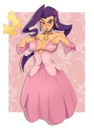 Rule 34 | ahoge, anger vein, annoyed, blush, breasts, capcom fighting jam, corset dress, detached sleeves, dress, earrings, floral print, huge ahoge, jewelry, large breasts, necklace, pimozzarella, pink background, pink dress, purple eyes, purple hair, rose (street fighter), rose print, street fighter, street fighter iv (series), street fighter v, street fighter zero (series)