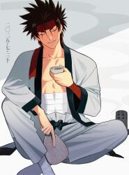 Rule 34 | 1boy, absurdres, bandaged stomach, bandaged torso, birthday, black hair, choko (cup), closed eyes, collarbone, commentary request, cup, feet out of frame, hand fan, headband, highres, holding, holding cup, holding fan, indian style, japanese clothes, long sleeves, male focus, okurase, open clothes, open shirt, pants, parted lips, pectorals, red headband, rurouni kenshin, sagara sanosuke, shirt, short hair, sitting, smile, solo, spiked hair, straight-on, toned, toned male, white pants, white shirt