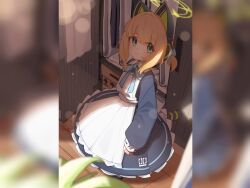 1girl animal_ear_headphones animal_ears apron arm_at_side back_bow black_dress black_shoes blonde_hair blue_archive blue_bow blue_bowtie blunt_bangs blurry blurry_border blurry_foreground blush bow bowtie box cardboard_box cat_ear_headphones cat_ears cat_tail chinese_commentary closed_mouth closet collared_dress contrast_collar depth_of_field dress eyes_visible_through_hair fake_animal_ears fake_tail frilled_apron frilled_dress frills from_above from_outside full_body glyphsss green_eyes green_halo hair_bow halo headphones highres indoors light_smile long_sleeves looking_at_viewer looking_to_the_side maid maid_apron medium_hair midori_(blue_archive) midori_(maid)_(blue_archive) millennium_science_school_logo no_headwear number_print official_alternate_costume official_alternate_hairstyle pillarboxed puffy_long_sleeves puffy_sleeves shadow shoes short_twintails sidelocks signature solo standing tail twintails white_apron white_bow wooden_floor