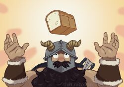 1boy beard bread brown_hair derivative_work dungeon_meshi dwarf facial_hair fake_horns food hands_up helmet highres horned_helmet horns loaf_of_bread long_beard looking_up male_focus mustache screenshot_redraw senshi_(dungeon_meshi) solo that-raccoon thick_mustache upper_body very_long_beard