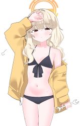 1girl absurdres aoba_(blue_archive) bikini black_bikini blue_archive blush collarbone facing_viewer fluffy_hair halo hand_on_own_head highres holding holding_wrench jacket light_blush loli long_sleeves looking_at_viewer narrowed_eyes navel off_shoulder orange_halo red_eyes rusmaamhi simple_background sweat sweatdrop swimsuit thighs white_hair wrench yellow_halo yellow_jacket yellow_sleeves zipper