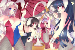 4girls animal_ears ass bad_id bad_pixiv_id black_hair blue_eyes blush braid breasts cameltoe covered_erect_nipples dango detached_collar female_focus fishnet_pantyhose fishnets food houjuu_nue houraisan_kaguya inaba_tewi kine large_breasts leotard long_hair mallet melopun mochi mochitsuki mortar_(bowl) multicolored_leotard multiple_girls open_mouth pantyhose playboy_bunny purple_hair rabbit rabbit_ears rabbit_tail red_eyes reisen_udongein_inaba short_hair tail touhou wagashi white_hair yagokoro_eirin