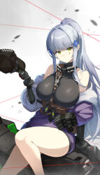 1girl absurdres arm_support bare_shoulders baseball_cap baton_(weapon) between_breasts black_gloves black_hat breasts commentary_request cross_hair_ornament debris etoast flashbang girls&#039;_frontline girls&#039;_frontline_2:_exilium gloves green_eyes grey_hair hair_ornament hat highres hk416_(girls&#039;_frontline) holding holding_unworn_clothes holding_unworn_hat jacket klukai_(girls&#039;_frontline_2) large_breasts laser laser_pointer_projection long_hair looking_at_viewer magazine_(weapon) off_shoulder ponytail purple_jacket sidelocks sitting solo strap_between_breasts teardrop_facial_mark thighs unworn_hat unworn_headwear weapon white_background