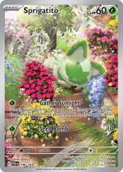animal_focus artist_name card_(medium) cat character_name closed_eyes company_name copyright_name copyright_notice english_text flower light_particles lying nintendo no_humans official_art outdoors plant pokemon pokemon_(creature) pokemon_card pokemon_focus pokemon_tcg potted_plant saitou_kouki sleeping solo sprigatito third-party_source trading_card tree