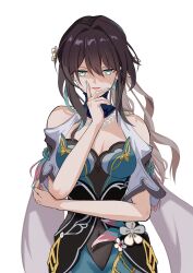 1girl absurdres aqua_dress aqua_eyes aqua_nails bare_shoulders black_hair clothing_cutout covered_navel dress highres honkai:_star_rail honkai_(series) kashumashux51 long_hair looking_at_viewer nail_polish parted_lips ruan_mei_(honkai:_star_rail) shoulder_cutout simple_background solo upper_body white_background