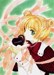 1990s_(style) 1girl ahoge bow bowtie candy cardcaptor_sakura character_name child chocolate chocolate_heart clamp female_focus food green_background heart kinomoto_sakura marker_(medium) official_art retro_artstyle ribbon solo striped_bow striped_bowtie striped_clothes traditional_media valentine