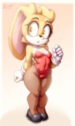 1girl arm_at_side artist_name azuretto bare_shoulders black_shoes body_fur border breasts clenched_hands collarbone covered_navel cream_the_rabbit female_focus full_body furry furry_female gloves gradient_background groin hand_up legs legs_together leotard long_ears looking_to_the_side multicolored_fur open_mouth orange_background orange_pantyhose pantyhose playboy_bunny rabbit_ears rabbit_girl rabbit_tail red_leotard shoes short_tail shortstack signature simple_background small_breasts solo sonic_(series) standing strapless strapless_leotard tail thick_thighs thighs twitter_x_logo white_border white_fur white_gloves wide-eyed wide_hips yellow_eyes yellow_fur