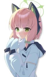 1girl absurdres animal_ear_headphones animal_ears aqua_coat aqua_mittens blonde_hair blue_archive blush cat_ear_headphones coat commentary fake_animal_ears green_eyes green_halo halo hands_up headphones highres hood hood_down hooded_coat jei_(user_tckk7448) long_sleeves looking_at_viewer midori_(blue_archive) midori_(winter)_(blue_archive) mittens official_alternate_costume parted_lips puffy_long_sleeves puffy_sleeves scarf shadow simple_background solo upper_body white_background white_mouth white_scarf winter_clothes