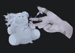 Rule 34 | 1other, bandaid, bandaid on finger, bandaid on wrist, black background, black nails, commentary request, fingernails, hand focus, holding, holding syringe, jewelry, long fingernails, mano aaa, nail polish, original, ring, simple background, solo, stuffed animal, stuffed toy, stuffing, syringe, teddy bear