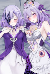 2girls black_tiara blush breasts castorice_(honkai:_star_rail) cleavage closed_eyes closed_mouth clothing_cutout commentary_request dress elf flower flower_ornament gloves hair_flower hair_ornament highres honkai:_star_rail honkai_(series) long_hair lying medium_breasts multiple_girls navel navel_cutout on_back on_bed paid_reward_available parted_lips pointy_ears polyxia_(honkai:_star_rail) purple_eyes purple_gloves purple_hair siblings sisters tiara twins white_dress yumeneko_nyaa