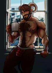 absurdres bara beard blue_eyes body_fur brown_fur brown_hair coffee_mug commission cup facial_hair highres horns jockstrap looking_at_viewer male_focus male_underwear mug muscular muscular_male nipples satyr sheep_horns smile solo tavrosdraws underwear watermark window