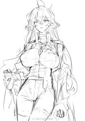 1girl ahoge alternate_hair_length alternate_hairstyle arknights artist_name breasts buttons chinese_commentary cleavage commentary_request covered_erect_nipples dress_shirt expressionless genderswap genderswap_(mtf) greyscale hair_between_eyes highres large_breasts lineart looking_at_viewer lumen_(arknights) monochrome no_bra off_shoulder pants paopp9961 parted_lips pointy_ears shirt simple_background sketch solo sweatdrop tight_clothes tight_pants variant_set watermark weibo_watermark white_background