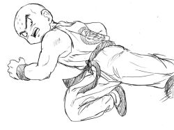 1boy bald bald_male black_eyes dragon_ball flying kuririn muscular muscular_male serious sketch solo white_background