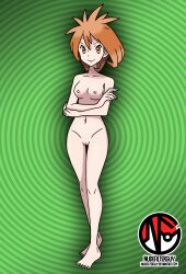 1girl absurdres ahoge armpits artist_name barefoot breasts brigette_(pokemon) cleft_of_venus collarbone completely_nude creatures_(company) crossed_arms feet female_focus fingernails full_body game_freak green_background groin hair_between_eyes happy highres legs looking_at_viewer matching_hair/eyes medium_breasts medium_hair navel neck nilterguy nintendo nipples nude nude_filter official_art_nude_filter orange_eyes orange_hair pokemon pokemon_bank pussy sidelocks smile standing thigh_gap thighs third-party_edit toenails toes unworn_clothes