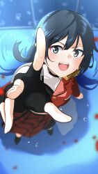 Rule 34 | 1girl, 89ru0, :d, absurdres, black gloves, blue hair, breasts, cleavage, commentary request, dive! (love live!), fingerless gloves, foreshortening, from above, gloves, grey eyes, highres, jacket, looking at viewer, love live!, love live! nijigasaki high school idol club, miniskirt, official alternate costume, open mouth, outdoors, plaid clothes, plaid skirt, pleated skirt, reaching, reaching towards viewer, red jacket, red skirt, skirt, smile, solo, v-shaped eyebrows, yuki setsuna