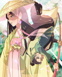 110isato 1girl absurdres bamboo black_hair chinese_clothes conical_hat dirty dirty_face disguise disney disney_princess fa_mulan_(disney) falling_petals fighting_stance green_ribbon hair_bun hanfu high_kick highres holding holding_polearm holding_weapon kicking long_hair midair petals pink_ribbon polearm ribbon signature soldier tree upside-down weapon