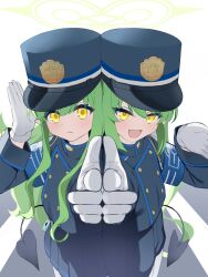 2girls armband blue_archive blue_armband blue_hat blue_jacket blue_shorts blue_skirt buttons closed_mouth commentary_request demon_tail double-breasted fang gloves green_halo grey_hair halo hat highres hikari_(blue_archive) jacket looking_at_viewer multiple_girls nozomi_(blue_archive) open_mouth peaked_cap pleated_skirt pointing pointing_at_viewer shorts skin_fang skirt tail wet_09994 white_background white_gloves yellow_eyes