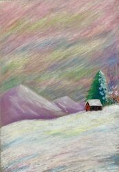 Rule 34 | colored pencil (medium), heibon ika otto, highres, house, mountain, no humans, original, outdoors, pastel (medium), pine tree, scenery, snow, traditional media, tree, wide shot, winter