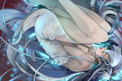 Rule 34 | 1girl, closed eyes, female focus, fetal position, hatsune miku, legs, long hair, nemeko, shiroi yuki no princess wa (vocaloid), solo, twintails, very long hair, vocaloid, white hair, yuki miku