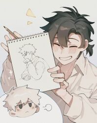 2boys black_eyes black_hair blush breast_pocket calamine_black cheng_xiaoshi chibi chibi_inset chinese_commentary closed_eyes closed_mouth collared_shirt drawing_(object) grey_background grin hair_between_eyes highres holding holding_pencil holding_sketchbook long_sleeves lu_guang male_focus multiple_boys pen pencil pocket ponytail shiguang_dailiren shirt short_hair short_ponytail simple_background sketchbook smile sparkle upper_body white_hair white_shirt yaoi