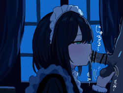 Rule 34 | 1boy, 1girl, assertive female, bar censor, black hair, breasts, caressing testicles, censored, cum, fellatio, head out of frame, maid, medium breasts, night, oral, original, penis, testicles, window