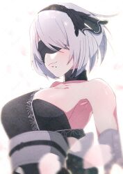 Rule 34 | 1girl, 2b (nier:automata), absurdres, armpits, bare shoulders, black choker, black hairband, blindfold, breasts, choker, closed mouth, commentary, grey hair, hairband, highres, kamitsune28rita, large breasts, mole, mole under mouth, nier:automata, nier (series), short hair, smile, solo, upper body, white background