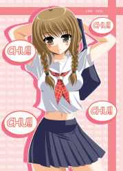absurdres arms_behind_head arms_up bag blue_skirt blush highres kimi_kiss looking_at_viewer midriff_peek mizusawa_mao navel oda_ken&#039;ichi school_bag school_uniform skirt