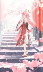 Rule 34 | 1girl, animal ears, anklet, artist name, back bow, backless outfit, black bow, bloom, blurry, blurry foreground, bow, branch, breasts, cherry blossoms, closed mouth, commentary, day, detached sleeves, earrings, eyelashes, eyeshadow, falling petals, feet, floating hair, floppy ears, floral print, flower, fox ears, genshin impact, hair between eyes, hair flaps, hakama, hand up, highres, japanese clothes, jewelry, long hair, long sleeves, looking at viewer, looking back, low-tied long hair, makeup, medium breasts, nontraditional miko, okobo, outdoors, petals, pink flower, pink hair, platform sandals, purple eyes, red eyeshadow, red hakama, rj (lingshih10), sakuramon, sandals, shide, shirt, sidelocks, sleeveless, sleeveless shirt, smile, solo, stairs, standing, symbol-only commentary, tassel, toes, torii, twitter username, very long hair, vision (genshin impact), white shirt, white sleeves, wide sleeves, yae miko