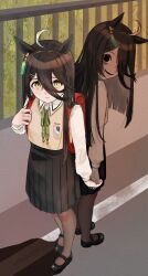 2girls ahoge animal_ears backpack bag bags_under_eyes black_eyes black_hair black_shoes black_skirt brown_cardigan cardigan closed_mouth collared_shirt crossed_bangs dual_persona ear_tag earrings furrowed_brow grey_pantyhose hair_between_eyes hair_ornament hairclip highres holding_hands horror_(theme) horse_ears horse_girl jewelry long_bangs long_hair long_hair_between_eyes long_sleeves looking_at_viewer manhattan_cafe_(umamusume) multicolored_hair multiple_girls no_pupils pantyhose parted_lips pleated_skirt randoseru red_bag sakura_empire_(emblem) sango0707315 shirt shoes single_earring skirt smile sunday_silence_(racehorse) umamusume very_long_hair wavy_mouth white_hair white_shirt yellow_eyes