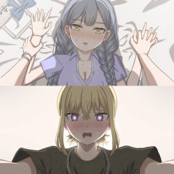 2girls bang_dream! bang_dream!_it&#039;s_mygo!!!!! black_shirt blue_hair blush bracelet braid breasts cleavage commentary_request drooling female_pov heart heart-shaped_pupils highres holding_hands interlocked_fingers jewelry misumi_uika mouth_drool multiple_girls nose_blush official_alternate_hairstyle on_bed open_mouth pinned pov purple_eyes purple_shirt r@men shirt short_sleeves sweat symbol-shaped_pupils togawa_sakiko twin_braids yellow_eyes yuri