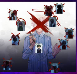 Rule 34 | 1boy, aiba ibuki, atou haruki, blonde hair, closed mouth, collared shirt, fengtian (artist), harada minoru, highres, holding, holding marker, isoi reiji, jabuchi you, kanou aogu, kumazaki karen, kumazaki riku, long sleeves, male focus, marker, origin alpha, otowa rui (saibou shinkyoku), photo (object), pink hair, red eyes, saibou shinkyoku, shinano eiji, shirt, short hair, smile, spoilers, striped clothes, striped shirt, upper body, vertical-striped clothes, vertical-striped shirt, white shirt, x, yanagi nina