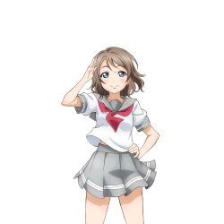 Rule 34 | 1girl, anime coloring, blue eyes, blush, breasts, brown hair, closed mouth, cowboy shot, grey sailor collar, grey skirt, hand on own hip, hand up, looking at viewer, love live!, love live! school idol festival, love live! sunshine!!, medium breasts, miniskirt, neckerchief, official art, pleated skirt, red neckerchief, sailor collar, salute, school uniform, serafuku, shirt, short hair, short sleeves, skirt, smile, solo, standing, straight-on, summer uniform, tie clip, transparent background, uranohoshi school uniform, watanabe you, wavy hair, white shirt