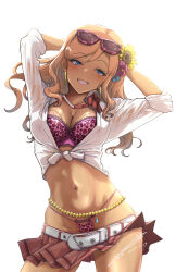 1girl absurdres alice_gear_aegis animal_print arms_behind_head belt belted_skirt blonde_hair blue_eyes bow bowtie bra breasts cleavage dark-skinned_female dark_skin dated earrings flower flower_on_head gyaru heart highres hoop_earrings hyotenka_ichido jewelry leopard_print leopard_print_bra leopard_print_panties lingerie medium_breasts morning_glory navel open_clothes open_shirt orange_hair panties pearl_belt see-through_clothes see-through_shirt shirt signature skirt skirt_down smile solo standing sunflower sunglasses sunglasses_on_head tied_shirt underwear white_background yorozuba_meika