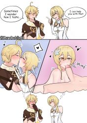 absurdres aether_(genshin_impact) blonde_hair breasts brother_and_sister comic cum cum_in_mouth cumming dress drooling drooling_cum english_text fellatio genshin_impact girthy_penis gloves heart heart-shaped_pupils highres imagining incest kiss kissing_penis kurodahlia18 long_hair lumine_(genshin_impact) medium_breasts meme nude open_mouth oral penis red_cheeks short_hair shy siblings sweat sweatdrop symbol-shaped_pupils talking white_dress