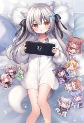 1girl animal_ears character_doll character_request commission copyright_request doll erunoto expressionless fox_ears fox_girl fox_tail grey_hair handheld_game_console highres holding holding_handheld_game_console indie_virtual_youtuber long_hair long_sleeves looking_at_viewer lying mitarai_komoru naked_shirt nintendo_switch_2 on_back original parted_lips pillow shirt skeb_commission tail two_side_up white_shirt yellow_eyes