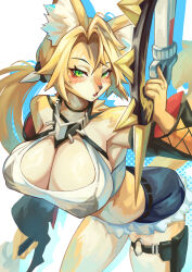 1girl absurdres animal_ear_fluff animal_ears bikini bikini_under_clothes black_bikini black_choker black_sleeves blue_shorts blush body_fur cat_ears cat_girl cat_tail choker fang green_eyes gun highres holding holding_gun holding_weapon lace-trimmed_sleeves lace_trim long_hair looking_at_viewer o-ring o-ring_thigh_strap open_mouth parted_bangs ponytail pulchra_fellini punnn0221 shirt shorts skin_fang solo swimsuit tail thigh_strap weapon white_shirt yellow_fur zenless_zone_zero